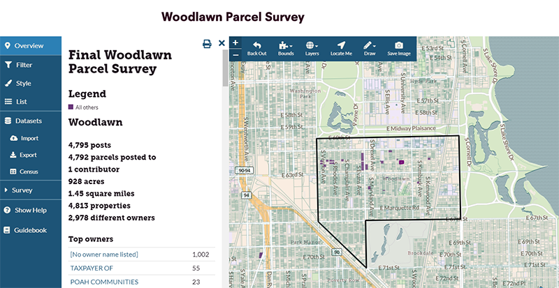 Screenshot showing the user interface of the Woodlawn Parcel Survey interactive mapping tool. Image links to the mapping tool.