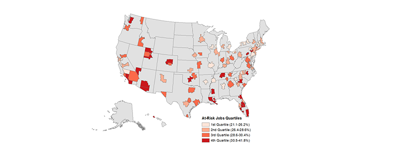 A map of the United States shows each of the 100 metros shaded according to its quartile categorization. The first quartile for at-risk jobs ranges from 21.1-26.2 percent. The second quartile ranges from 26.4-28.6 percent. The third ranges from 28.6-30.4 percent and the fourth ranges from 30.5-41.8 percent. Metro areas throughout the South and West have high shares of renters working at-risk jobs. Links to a larger version of the same image.