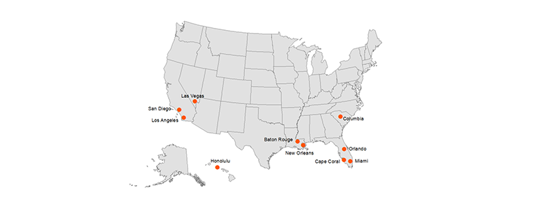 A map of the United states shows 10 metros that are in the top quartile for the share of renters with severe cost burdens and the share of renters in at-risk jobs. These metros are San Diego, Los Angeles, Las Vegas, Baton Rouge, New Orleans, Columbia, Orlando, Cape Coral, Miami, and Honolulu. Links to a larger version of the same image.