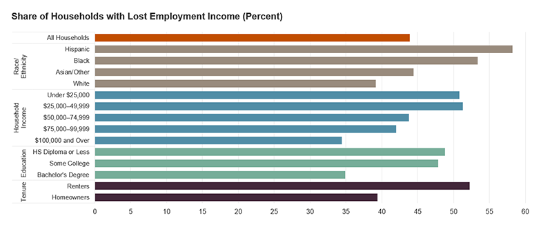 The figure is a bar chart showing the share of households who lost employment income as a result of COVID-19 by several demographic characteristics. Overall, 44 percent of households lost employment income. The share is highest among minority (especially Black and Hispanic), low-income, lower-education, and renter households. Links to a larger version of the same image.