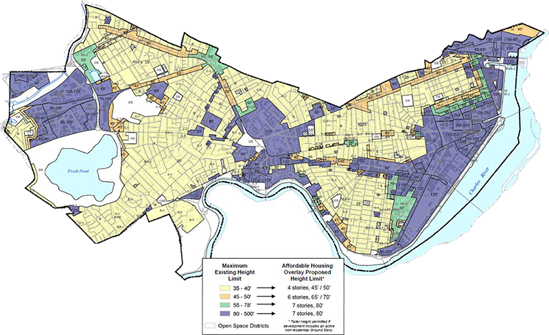 City of Cambridge zoning color coded based on maximum height limitations.