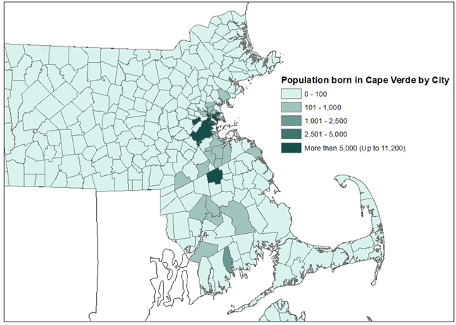 Aside from Boston, cities with the largest numbers of immigrants from Cape Verde in the area are to the South of Boston such as Brockton and New Bedford.