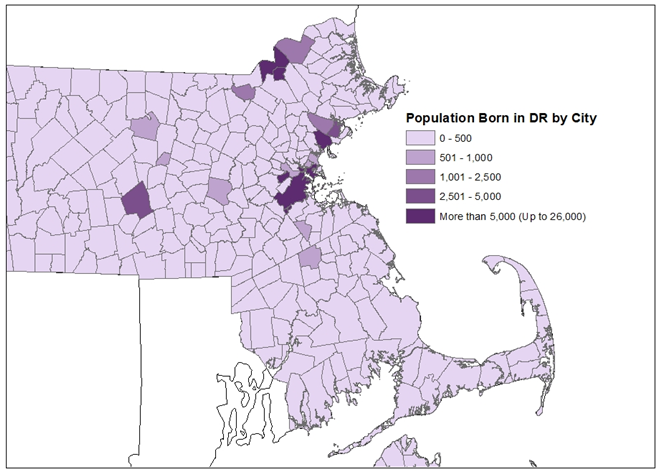 Aside from Boston, cities with the largest numbers of immigrants from the Dominican Republic in the area are to the North and West of Boston such as Lynn, Lawrence, Methuen, and Worcester.