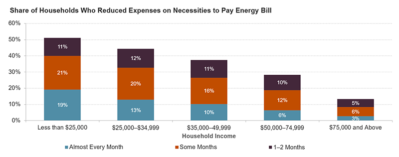 This chart shows the share of households who reduced expenses on basic necessities to pay their energy bill at least once in the past year, by household income group. It shows that lower-income households reduced expenses most often, including 20 percent of households who earned less than $25,000 who reduced expenses almost every month in the year prior to Q1 2022.