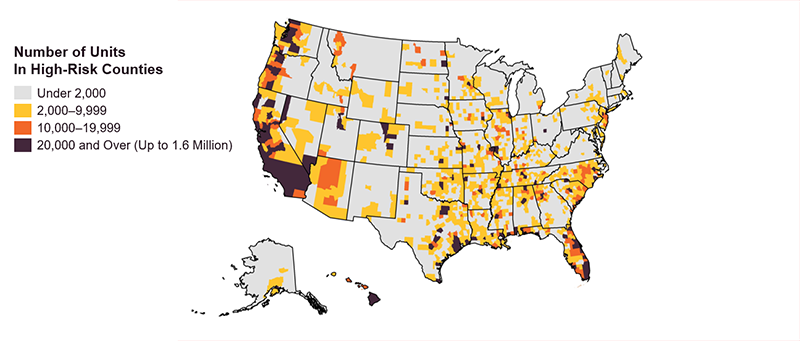This is a map of US counties showing the number of occupied renter units in neighborhoods with high expected annual losses due to environmental hazards. The West Coast, the Gulf Coast, and Florida have large numbers of at-risk rental units. The South and Midwest also have many high-loss counties, though many of these have fewer than 10,000 rental units in them. 