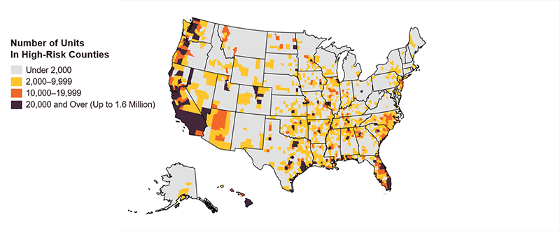 This is a map of US counties showing the number of renter households who live in neighborhoods with high expected annual losses due to natural disasters. The West Coast, the Gulf Coast, and Florida have large populations of at-risk renters. The South and Midwest also have many high-loss counties, though many of these have fewer than 10,000 rental units in them. 