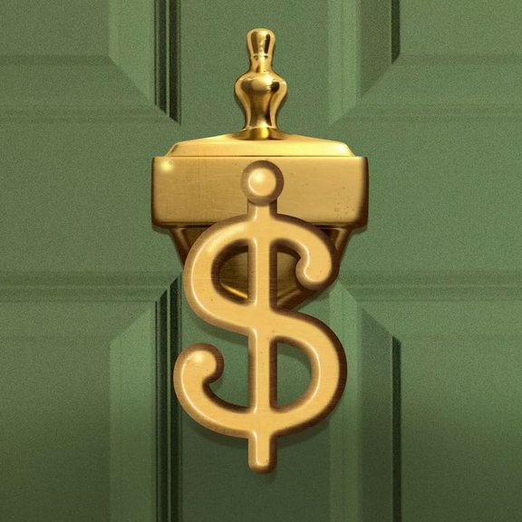 Illustration of a door knocker shaped like a dollar sign.