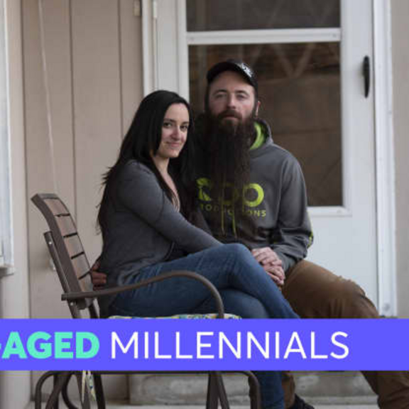Man and woman sitting in front of house with caption "Middle-Aged Millennials."