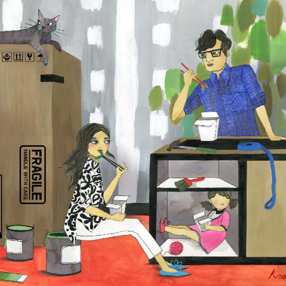 Graphic illustration of family eating alongside moving boxes.
