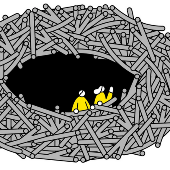Graphic of two people inside a large nest with another person waving goodbye outside.