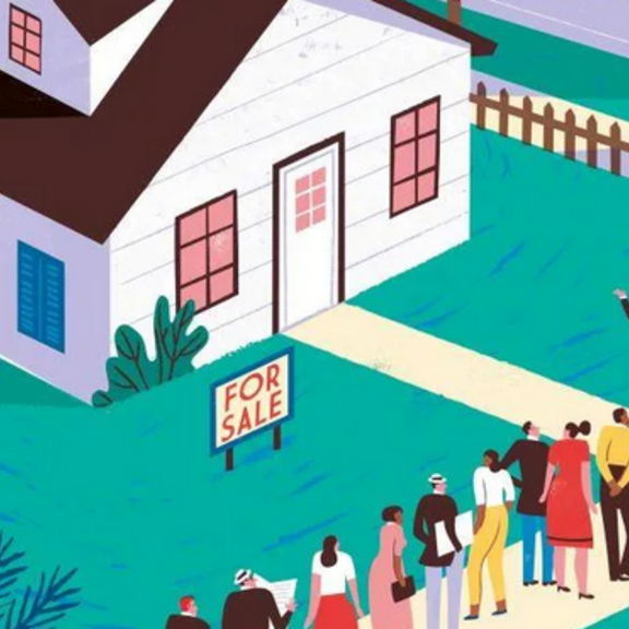 Illustration of a crowd of potential buyers waiting outside a house for sale.