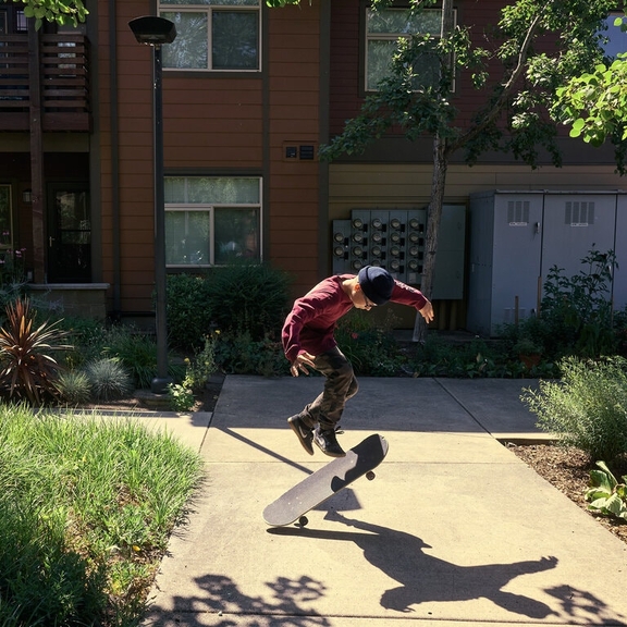 Young boy skateboarding in front of multifamily housing with older woman nearby.