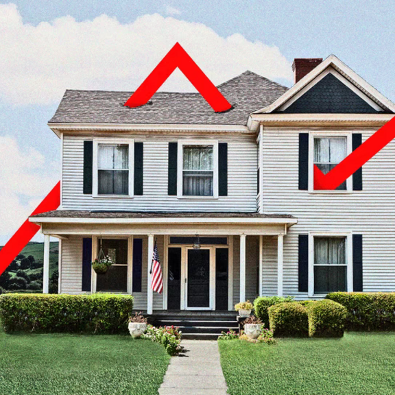 Graphic of a house with graph line going up.