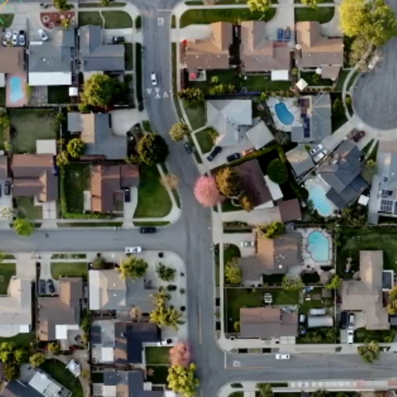 Overhead view of suburbs.