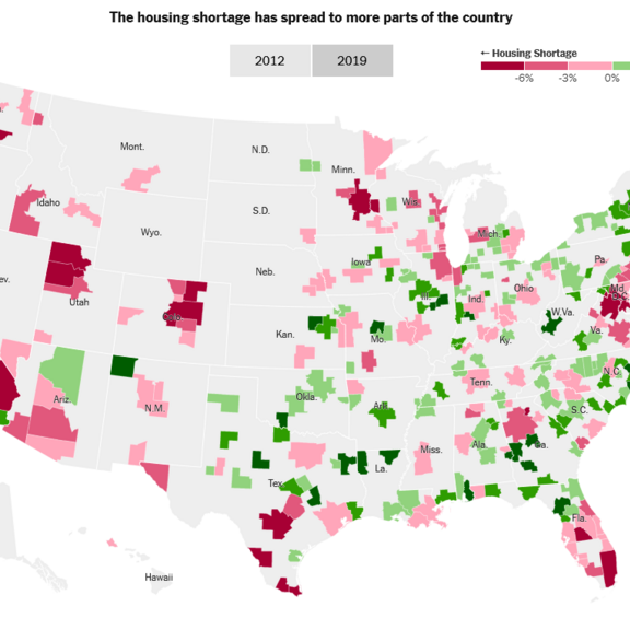Map of the US showing areas with housing shortages.