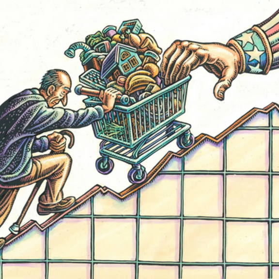 Graphic showing older man pushing cart of expenses uphill.