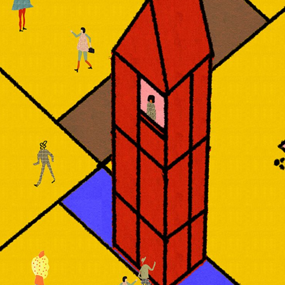 Graphic of people and buildings.