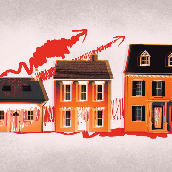 Graphic of houses with prices rising.