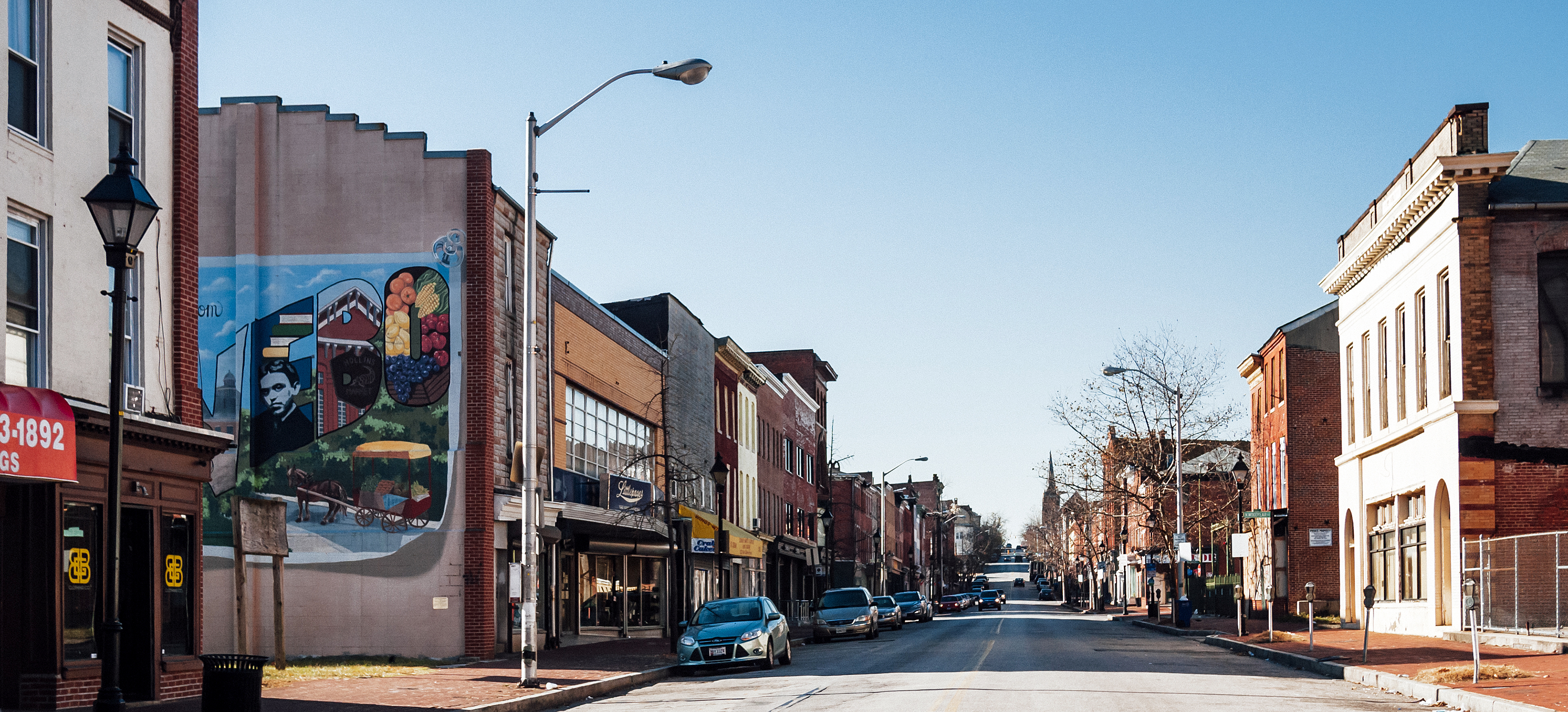 View of a street in a small downtown area.