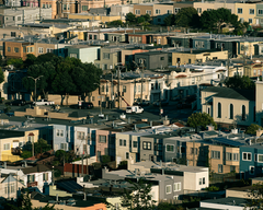 View of dense urban neighborhood.