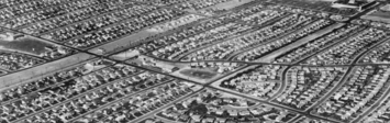Aerial view of suburban single-family homes in the 1940s.