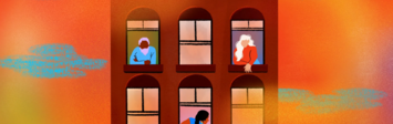 Graphic of a building with residents looking out the windows.