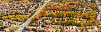 Aerial view of suburban single-family homes.